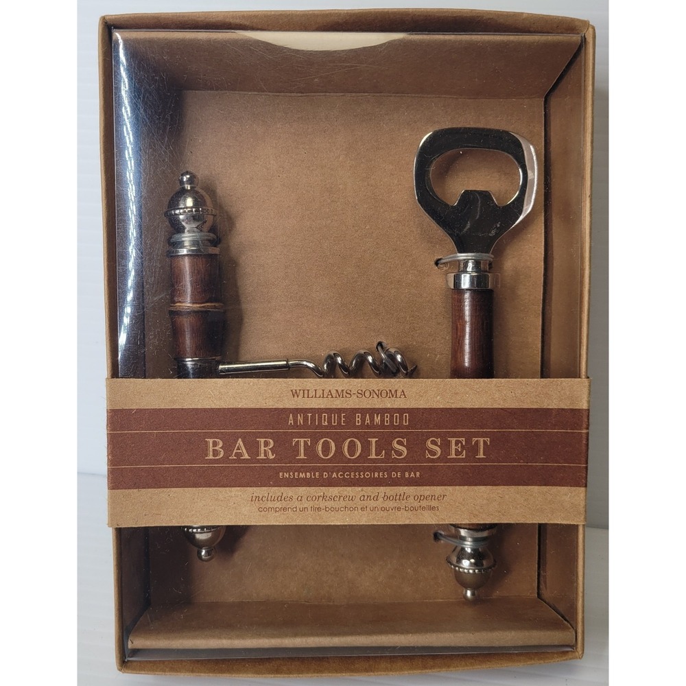 Williams Sonoma Bamboo Bar Tool Set Corkscrew & Bottle‎ Opener NEW Old Stock